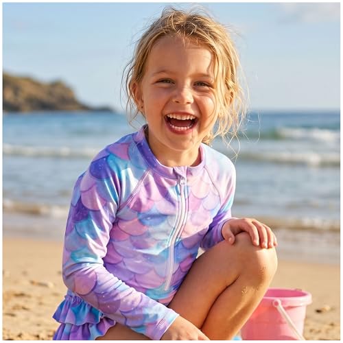 Image of UMELOK Girls Long Sleeve Rash Guard One Piece Swimsuits UPF 50+ Ruffle Zipper Bathing Suit 4-10 Years