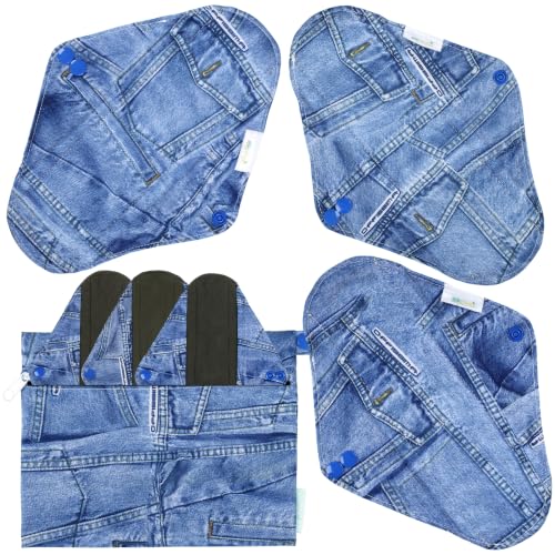 Image of wegreeco Charcoal Reusable Menstrual Pads - Reusable Sanitary Pads | Reusable Panty Liners | Soft Cloth Menstrual Pad- 6 Pack with 1 Cloth Mini Wet Bag (Classic Jeans, Large)
