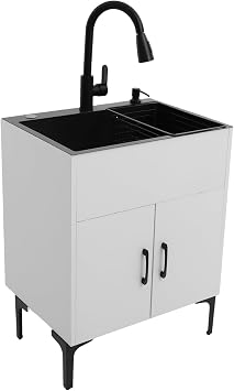Laundry Sink with Cabinet, Utility Sink Cabinet with Cold & Hot Faucet, Freestanding Laundry Sink Cabinet with Stainless Steel Double Sinks & Drain Basket White, Single Bowl-23.62 * 17.72 * 30.71in