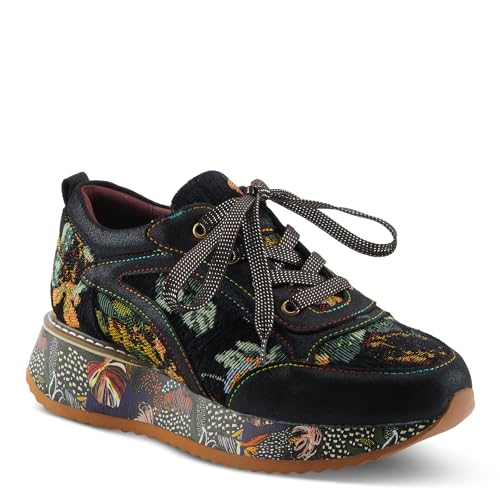 L'Artiste INVIDIA Women's Platform Sneaker – Metallic Leather & Tapestry Lace-Up with Rainbow Stitching2