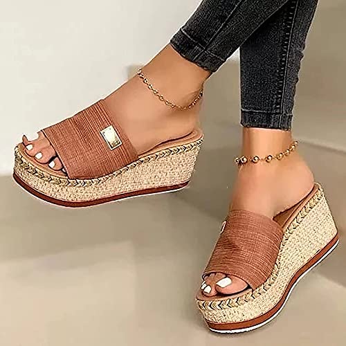 Women Wedges Shoes Mules 2021 Fashion Platform Non-Slip Sandal Summer Beach Home Slip on Slide Slippers Comfortable Walking Shoes Large Size,Brown,US4/EU352