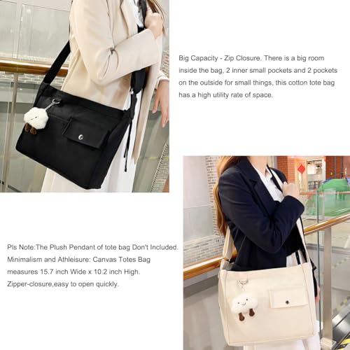 Image of Cotton Tote Handbag Women Canvas Crossbody Beach Bag Hobo Shoulder Tote Bag with 3 External Pocket,Zipper Closure