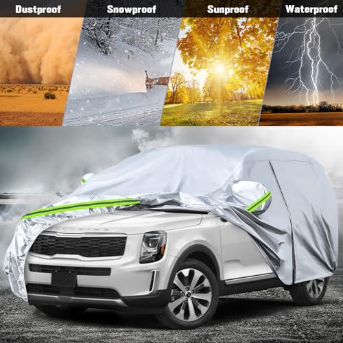 Image of Waterproof Car Covers Replace for 2020-2024 Kia Telluride, 6 Layers Silver All Weather Car Cover with Zipper Door & Windproof Bands for Snow Rain Dust Protection
