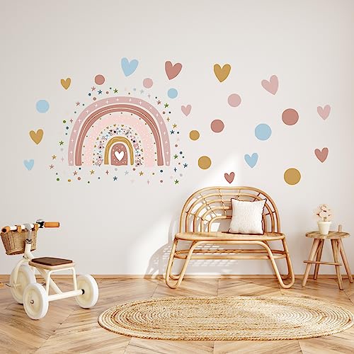 Tanlaby Boho RainbowWall Stickers, Large Rainbow Flower Wall Decals, Colorful Dots Hearts Stars Wall Decor - Image 2