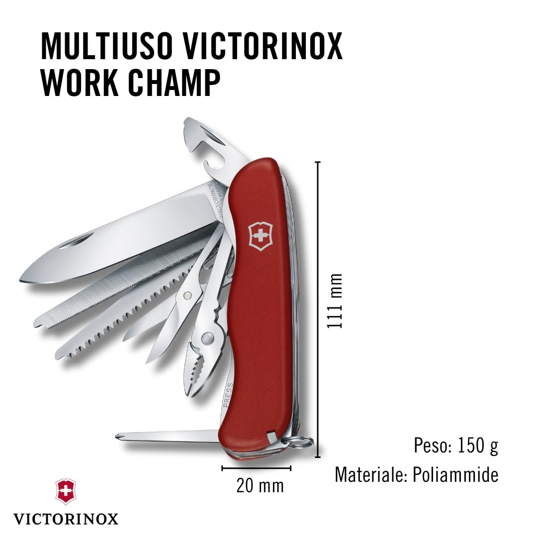 Victorinox Work Champ - Coltello tascabile (21 funzioni, lama di bloccaggio, pinza, seghetto), rosso