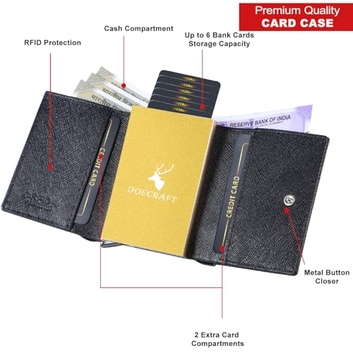 Image of Men's Genuine Leather RFID Wallet | Premium Slim Red Wallet for Men with Deer 3D Print | 8 Card Slots Secure and Durable | Casual Stylish | Formal & Gifting Use, Golden (SAFIANO /Black)