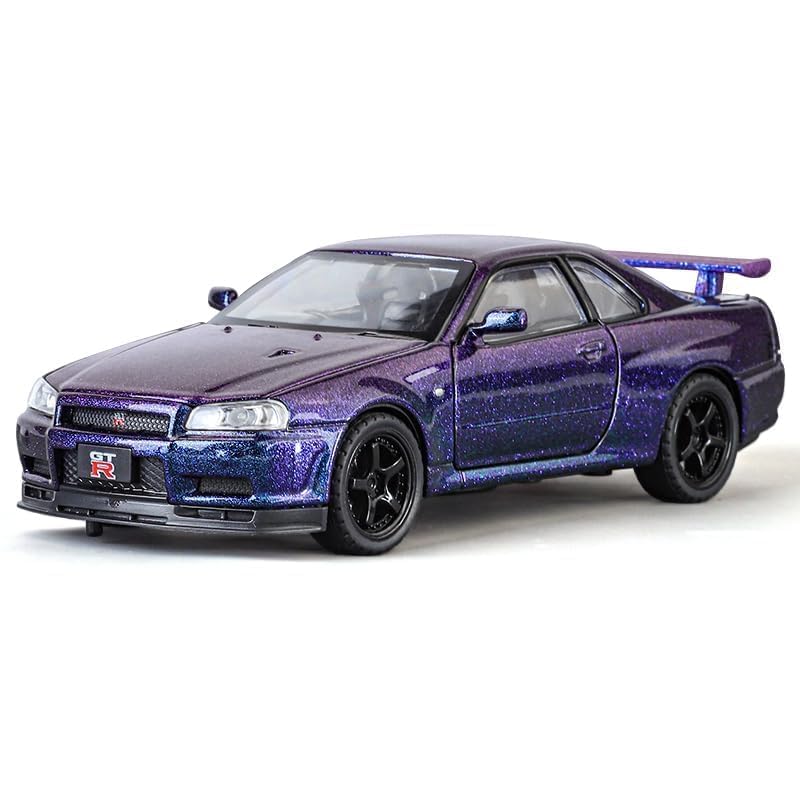 Image of Alokik Enterprise 1:32 Purple Nissan GTR Skyline R34 Diecast Car Models Toys Metal Alloy Openable Door and Sound & Light, Pull Back Toys Gifts for Boys Best Gift Car【 Purple 】