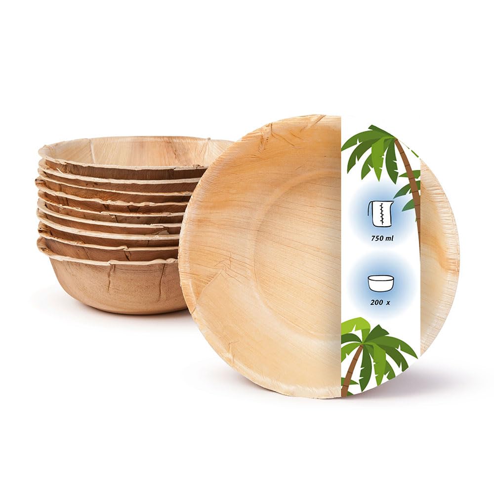 Palmware - Ciotole da Tavola monouso rispettose dell'ambiente di foglie di palma I 200 pezzi Ciotola di foglie di palma rotonda 750ml I Ciotola di insalata - Ciotola di zuppa