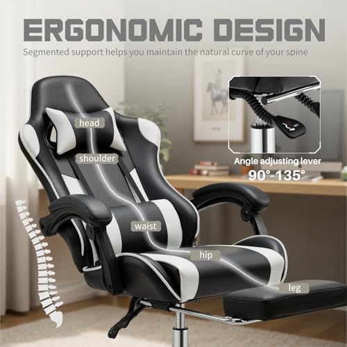 Image of DUMOS Ergonomic Gaming Office Desk Chair with Footrest and Headrest, PU Leather Video Computer Chair with Linkage Armrests, Height Adjustable 360 Swivel Recling, Black White
