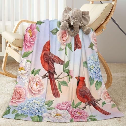 Perinsto Watercolor Flowers and Cardinal Birds Throw Blanket Ultra Soft Warm All Season Decorative Fleece Blankets for Bed Chair Car Sofa Couch Bedroom 50X40