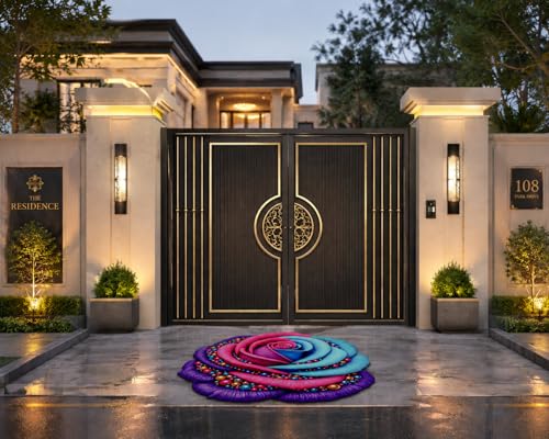 Image of 3D Rose & Floral Door Mat | Water Absorbent, Anti-Skid, Machine Washable Floor Mat | Soft Microfiber Carpet for Home, Living Room & Bedroom | Premium Decorative Mat (Multicolor Pink purple Blue, Rose)