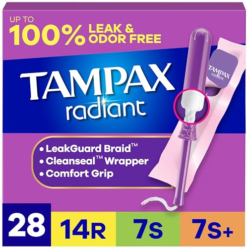 Tampax Radiant Tampons for Women Multipack, with LeakGuard Braid, Regular/Super/Super Plus Absorbency, Unscented, 112 Count (4 Packs of 28), Packaging May Vary