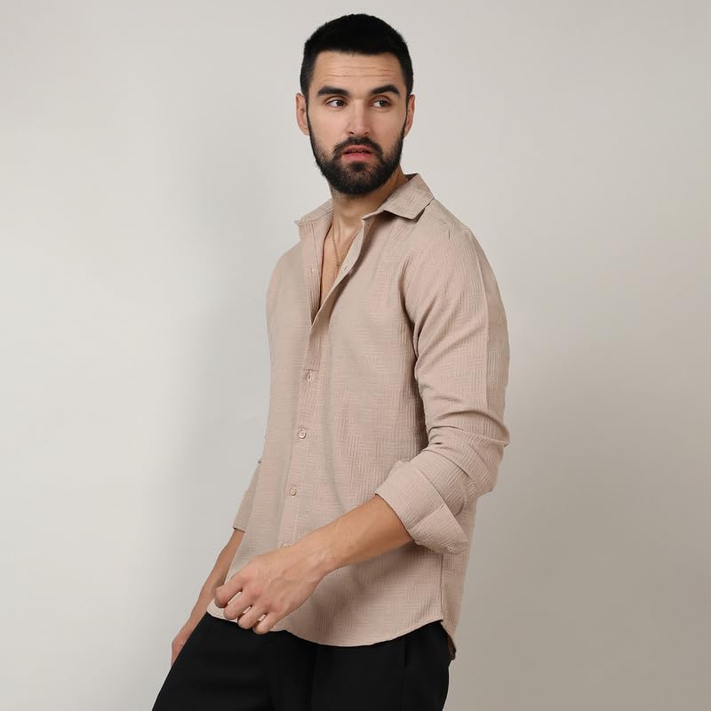 Image of CAHOOT Men's Self-Design Striped Shirt for Casual Wear | Spread Collar | Long Sleeve | Button Closure | Shirt Crafted with Comfort Fit for Everyday Wear