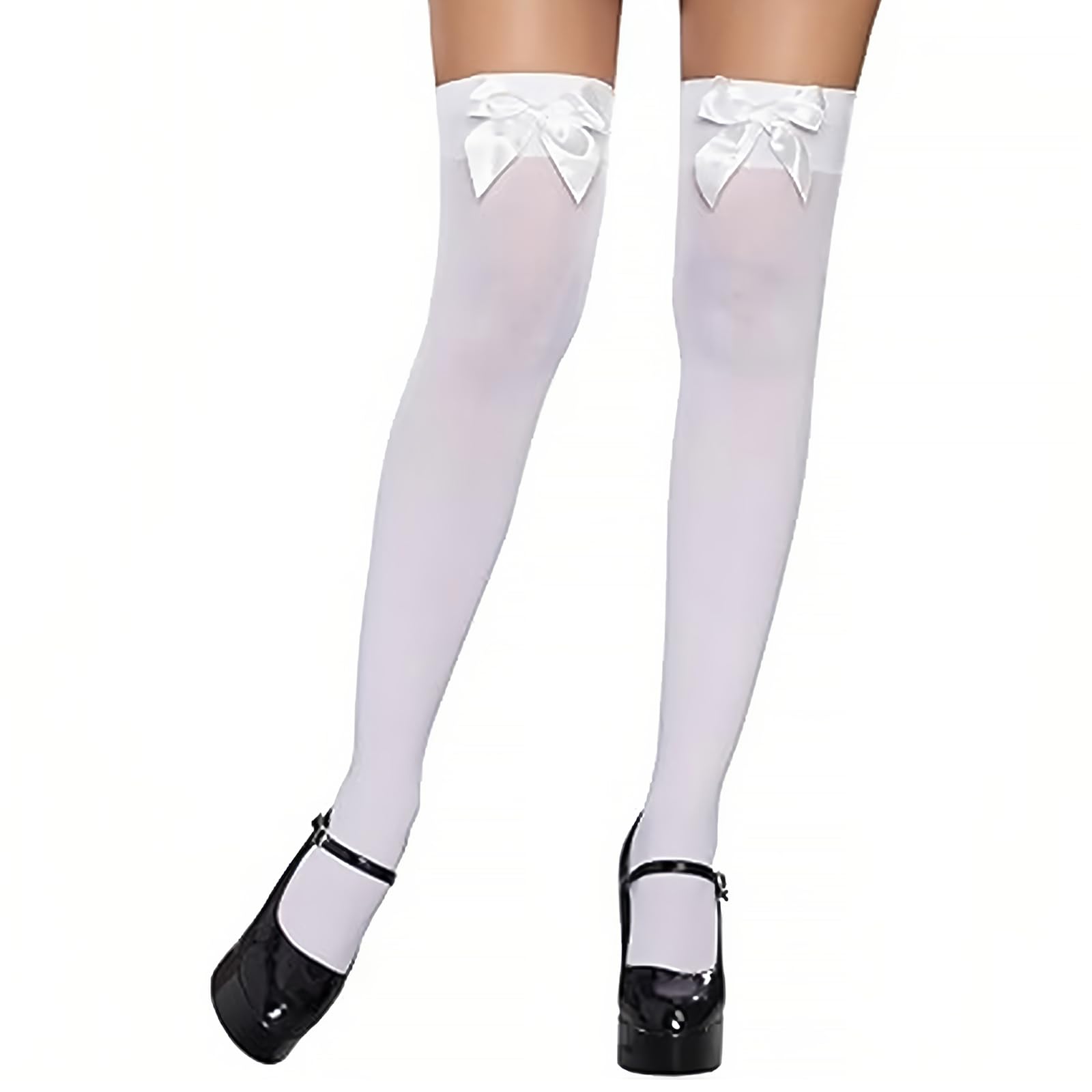 Makoto Nobu Women's White Satin Bow Opaque Thigh High Stockings, Over Knee Long Socks With Bows, Hold Up Stockings Knee Tights For