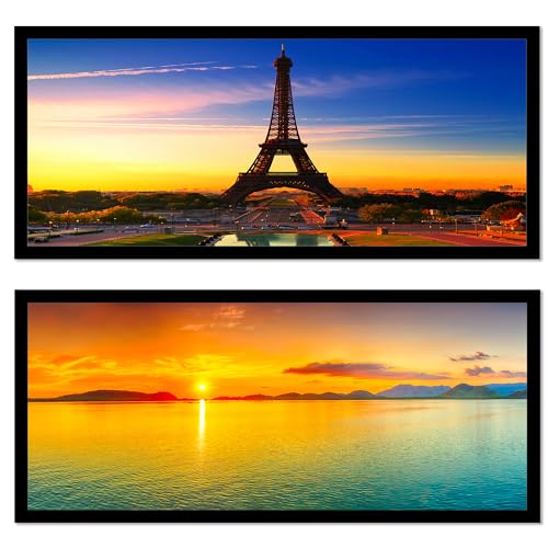 Image of PAINTINGMANTRA Modern City of Love Eiffel Tower & Sunset Poster Framed Art Print For Living Room, Decorative Home & Wall Decor - Set Of 2 (Black Frame, 8x18 Inch)