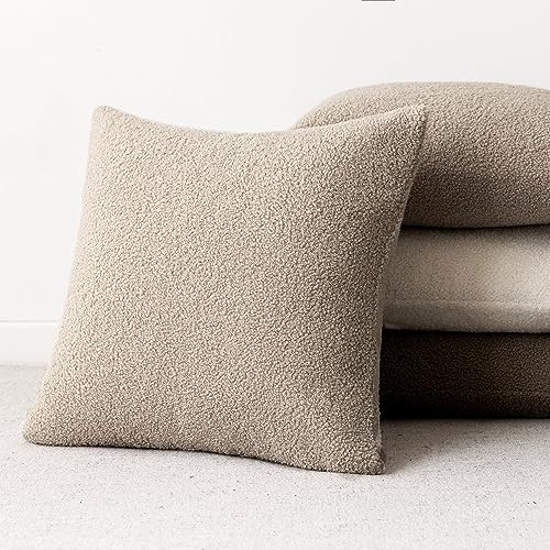 Image of Foindtower Pack of 2, Curly Faux Fur Decorative Throw Pillow Covers Soft Fuzzy Plush Cushion Case with Zipper Cozy Pillowcase for Home Living Room Couch Bed Sofa 22 x 22 Inch, Beige