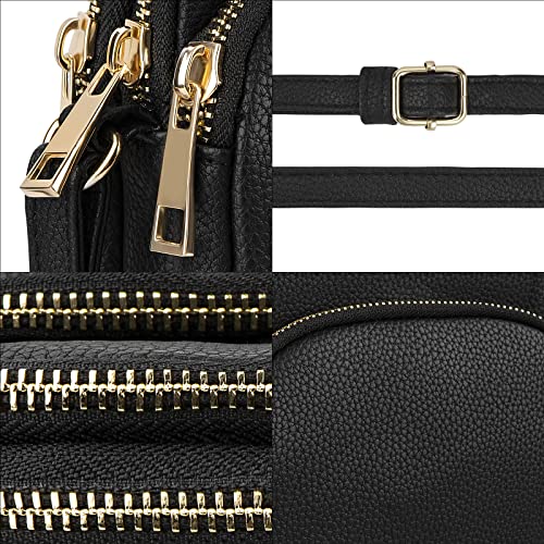 Linkidea Women Triple Zip Crossbody Bag, Small Cell Phone Purse for Ladies Teen Girls, Soft Vegan Leather Wallet Shoulder Handbag with Adjustable Strap, Black3