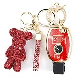 Rayslesan Cute Key Fob Cover with Rhinestone Bear Charm, Bling TPU Smart Key Case for Women, Compatible with Mercedes C/C AMG, E/E AMG, R S G CL GLK ML Series (3-Button, Gold Red)