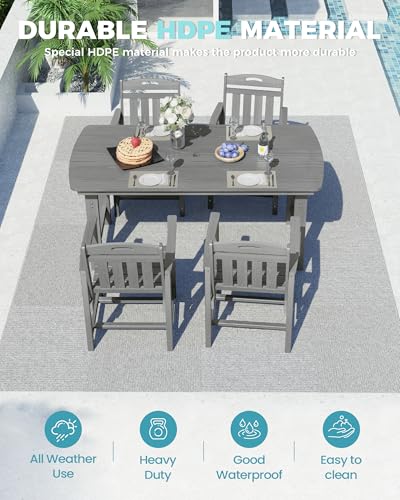 Image of Ciokea HDPE Outdoor Dining Set, 5-Piece Patio Table and Chairs Set with Umbrella Hole, All-Weather Patio Dining Sets for 4, Durable Patio Furniture for Backyard, Garden, Lawn & Poolside, Grey
