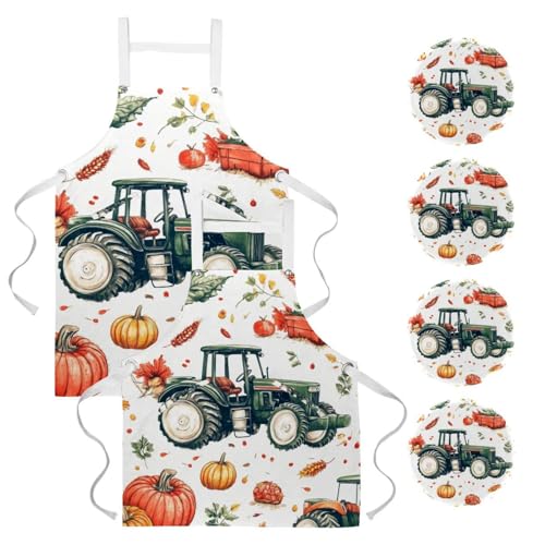Tablier de serveuse imprimé tracteur agricole avec citrouille et 4 broches amovibles incluses