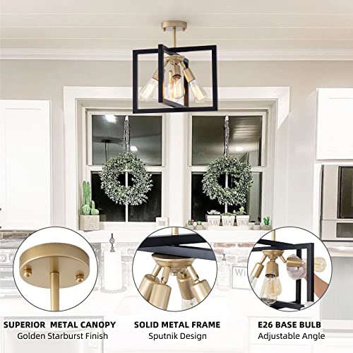 Farmhouse Industrial Ceiling Light Fixtures, 4-Light Vintage Modern Rectangle Black Gold Flush Mount Light Fixture With Rotatable Metal Square Frame For Kitchen Hallway Entryway Foyer Living Bedroom #TOP6