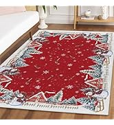 Artoid Mode Red Snowman House Pine Tree Christmas Area Rug, Xmas Winter Home Decor Low-Profile Wa...