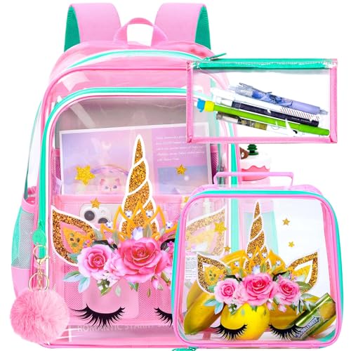 Image of WZLVO Kids Clear Backpack for Girls, 16 inch Heavy Duty PVC Transparent Bookbag with Frame Reflective Strip, Cute See Through School Bags for Elementary Preschool - Unicorn Pink