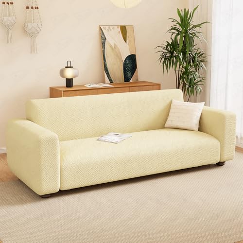 Image of Lukzer 3 Seater Pastel Yellow Grid Maze Pattern Sofa Cover | 240 GSM Universal Stretch Fit Jacquard Fabric Couch Protector | Fully Covered Anti Slip & Washable Sofa Cover (180-230cm /SC-105-03)