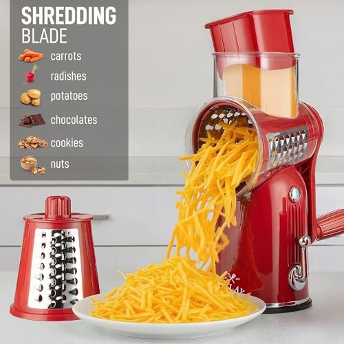 Image of Zulay Kitchen Rotary Cheese Grater 5 Blade Cheese Shredder - Manual Hand Crank Cheese Grater With Reinforced Suction & 5 Interchangeable Drums - Easy to Use, Vegetable Chopper Round Mandoline Slicer