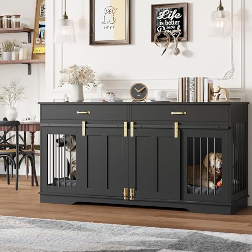 GarveeHome 71 Double Wooden Dog Crate Furniture for 2 Dogs with Removable Divider Sliding Door & 2 Drawers Decorative TV Stand for Living Room Fits Small Medium Large Dogs