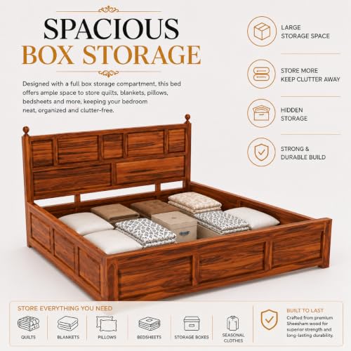 Image of SHISSO Solid Sheesham Wood King Size Bed with Storage Box | Wooden King Size Double Bed Cot Palang with Storage | Furniture for Bedroom,Home,Hotel | Lattu Design | Honey Finish