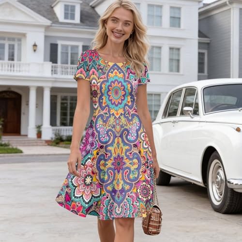 Image of HUGS IDEA Womens Puffy Swing Midi Dress Round Neck Short Sleeve Party A-Line Dresses