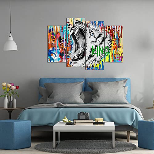 Homeoart Tiger Wall Art Roaring Tiger Wildlife Animal Painting Graffiti Framed Canvas Wall Art Aaesthetic Room Decor For Teen Boys Bedroom Large 4 Panels #TOP3