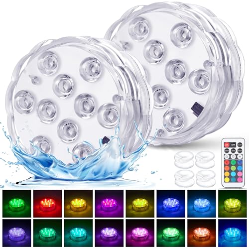 Lot de 2 lumières LED submersibles alimentées par piles, lumières RVB multicolores changeantes étanches pour piscine, vase, spa, aquarium, étang, jacuzzi, décoration, fête