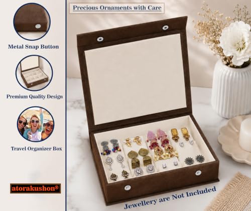 Image of atorakushon Velvet Makeup Earring Storage Box Jhumka Organizer Holder Travel Wedding Set Box 12 Pair Earring Display Try Case Jewellery Box for Women Girls (Brown)