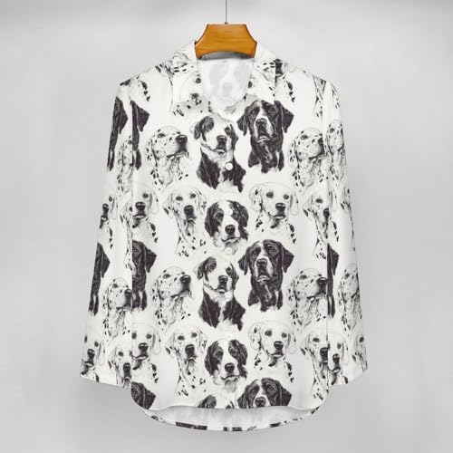 Langarm-Shirts mit Knopfleiste für Damen – schwarz-weiße Hunde-Print-Blusen für Damen, elegante lässige Oberteile, Mehrfarbig, S