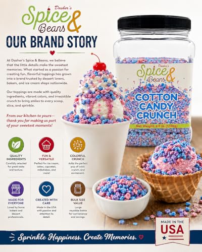 Image of Cotton Candy Crunch 2.5 lb | Dessert Topping & Decoration for Ice Cream, Sundaes, Cakes, Cupcakes, Milkshakes & Frozen Yogurt | Bulk Reusable Bottle | Dasher's Spice & Beans