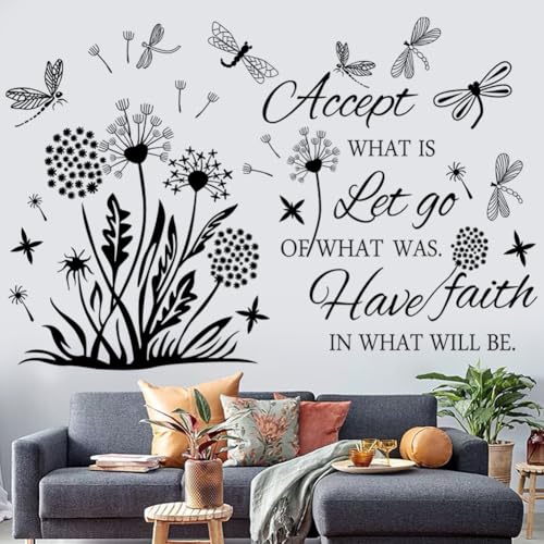 Inspirational Wall Stickers Quotes Wall Art Accept Let Go Have Faith Dandelion Decals Flower Stickers Murals Decor for Bedroom Office Bathroom Living Room Floral Wall Decals Art Decoration.