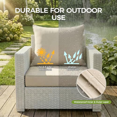 Image of UNIKOME 24 inchx24 inchx4 inch Outdoor Chair Cushions Set - Waterproof Patio Cushions for Outdoor Furniture with Removable Cover, Ties & Handle, Deep Seat Patio Cushions for Sofa Couch - Cream