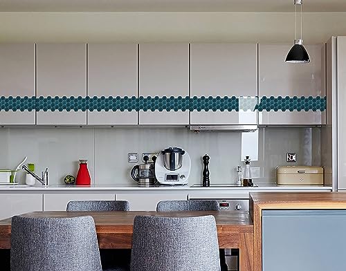 Image of WallDesign Teal Blue Hexagon Self-Adhesive Tile Stickers For Cupboard, Panel, Cabinet, Furniture, Table, Glass, Wall - 6.25 Inches X 10 Ft Border