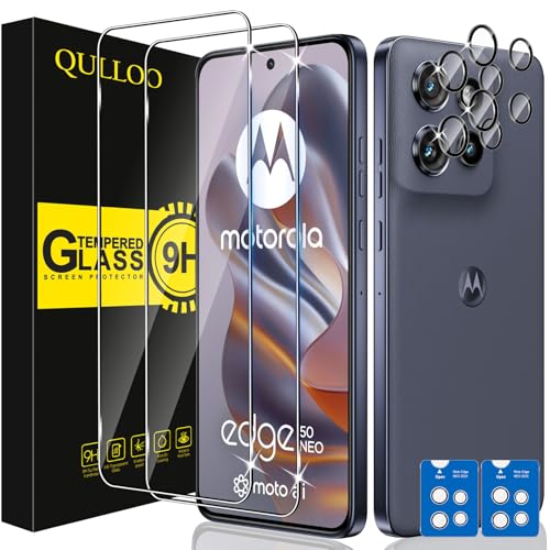 QULLOO Schutzfolie für Motorola Moto Edge 50 Neo 2 Stück Displayschutzfolie mit 2 Stück Kameraschutz 9H Härte Gehärtetes Glas HD Klar Schutzglas Anti-Kratzen Folie für Edge50 Neo