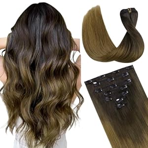 DOORES Hair Extensions Clip in Human Hair, Chocolate Dip Color Melt 14 Inch 7pcs 120g, Clip in Human Hair Extensions Real Hair Extensions Natural Straight