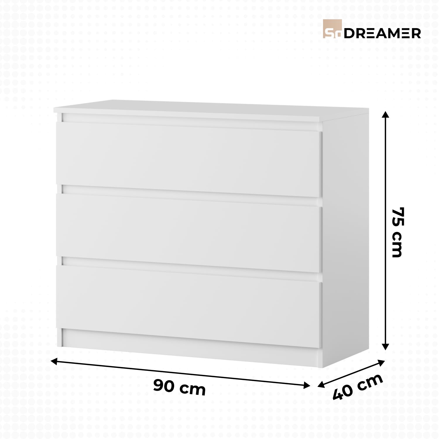 Cassettiera a 3 cassetti | Bianco 90 cm Ideale per camera da letto, soggiorno, camera dei bambini e ufficio | Cassettiera spaziosa | Design moderno | 90 x 75 x 40 cm