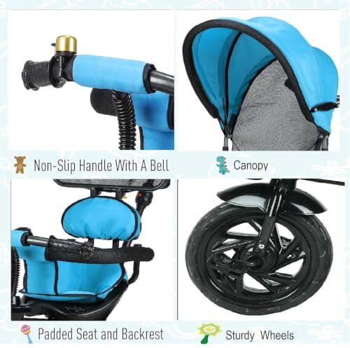 Image of JoyRide 3 in 1 Baby Tricycle Toddler Stroller Kids Pedal Tricycle w /Pusher Removable Canopy Safety Bar Storage Footrest for 18 Months to 5 Years (DARKBLUE)