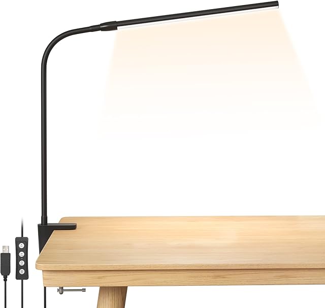 Lepro Desk Lamp Clamp, LED Desk Lamp Eye Caring Dimmable, 5W 460lm, 10 Brightness Levels x 3 Colour Modes, USB Powered Clip on Reading Lamps for Back to School, Office, Crafts, Bedside and More