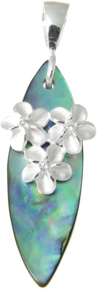 Arthur's Jewelry 925 sterling silver 3 Hawaiian plumeria flower cz abalone paua shell surfboard pendant
