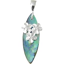 Arthurs Jewelry 925 sterling silver 3 Hawaiian plumeria flower cz abalone paua shell surfboard pendant