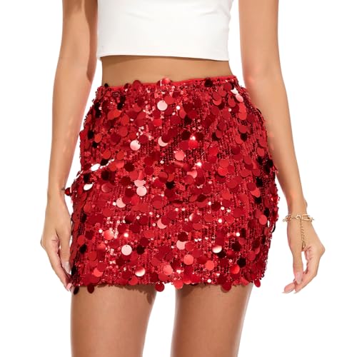 KASBAH Sequin Mini Skirt for Women Sparkly Skirt Stretchy Bodycon Glitter Skirts Night Out Party Red