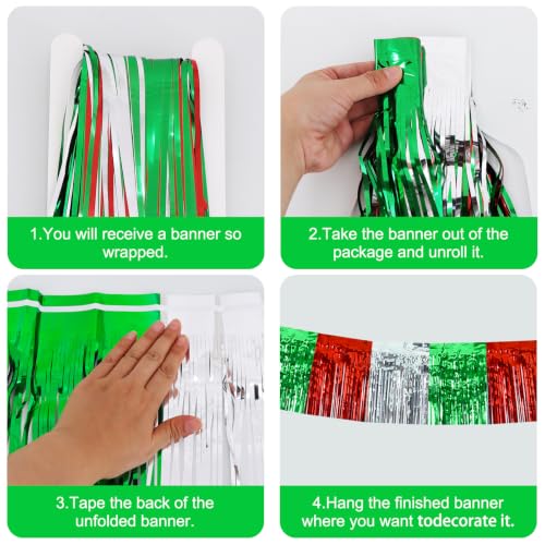 Image of BEISHIDA 3Pack Red Green Silver Foil Fringe Garland 30ft Wall Tinsel Banner