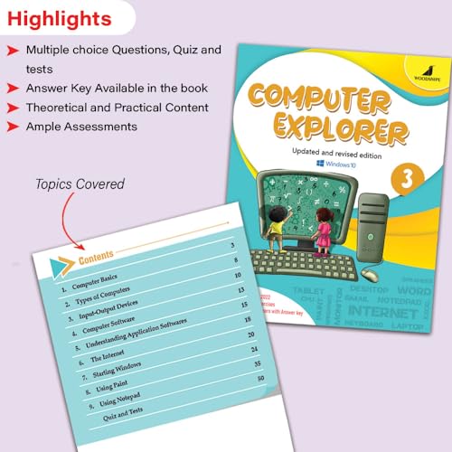 Image of Woodsnipe Beginner Computer Learning Book for Kids Age 6-8| Windows 10 | Class 3 & 4 | Computer , Uses, Parts, Features | Multiple Choice Questions | Quiz & Tests | Answers keys